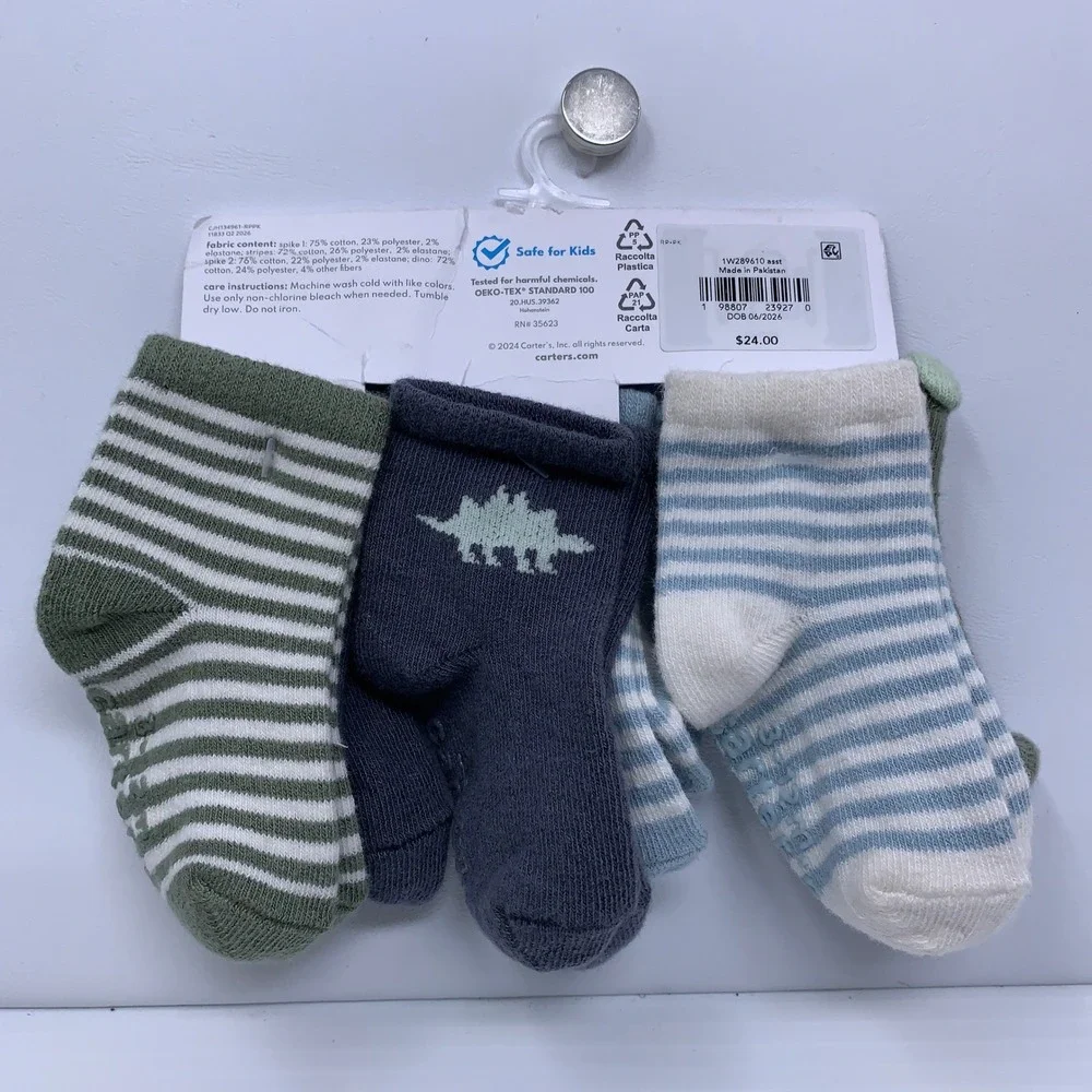 Carter's Baby 3-12m Blue Green Dinosaur Stripe 6-Pack Ankle Socks NWT